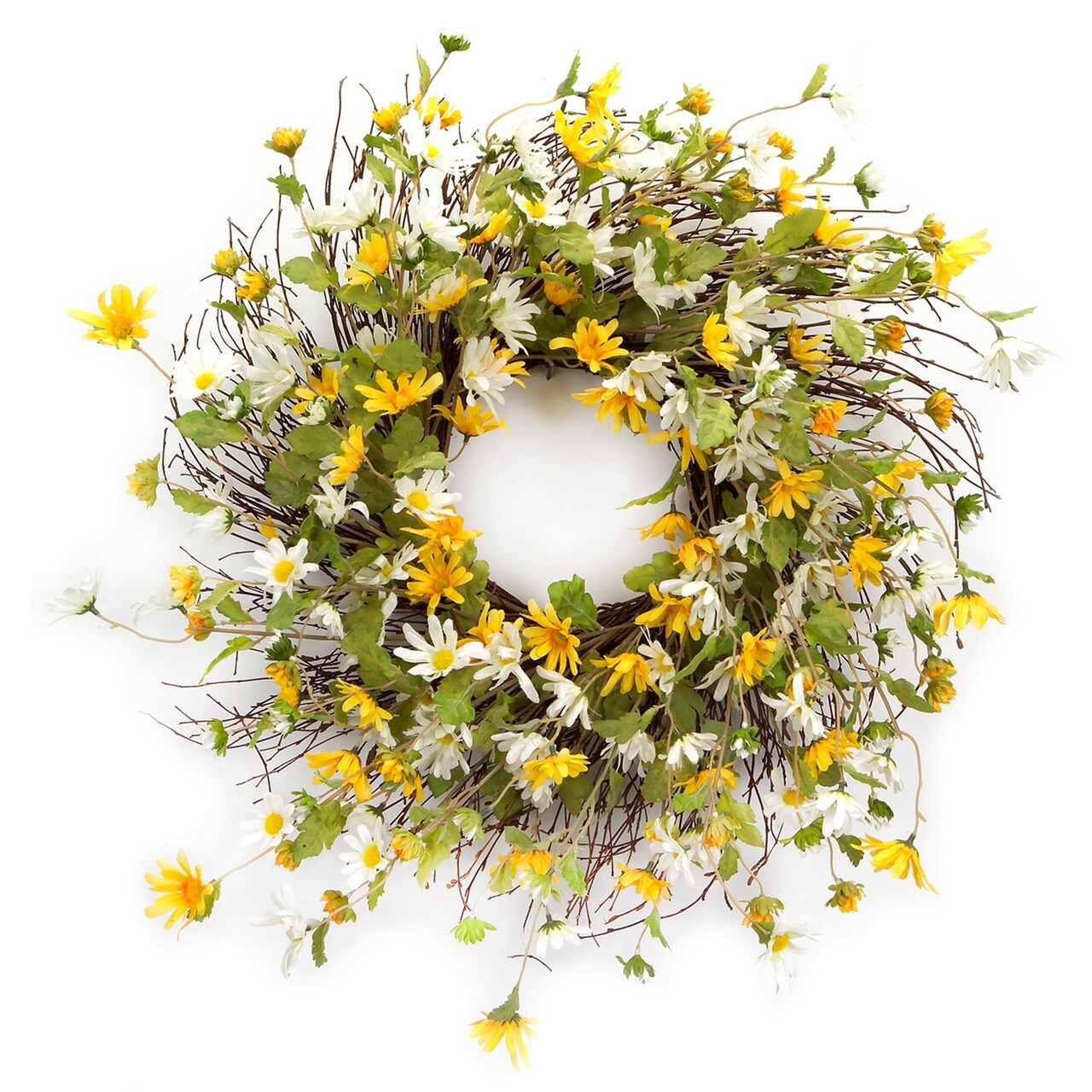 Melrose Yellow and White Daisy Twig Spring Floral Wreath, 24-Inch